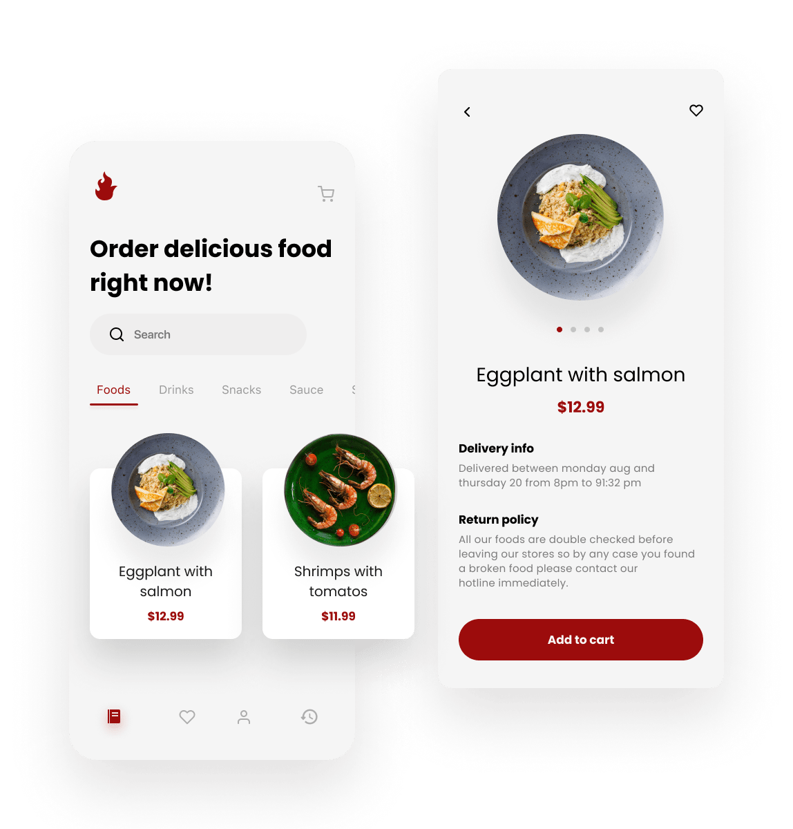 The concept of food delivery application prepared by our Designer