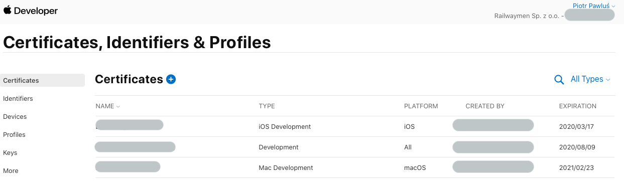 select certificates from apple developer account
